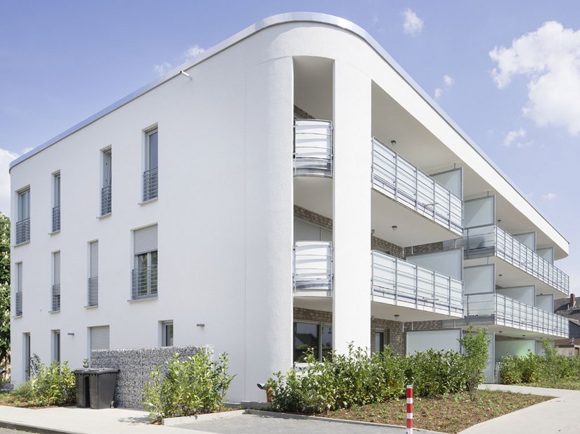Markantes architektonisches Merkmal des jüngsten Neubauprojektes des Wohnungsvereins Herne eG sind die stark abgerundeten Ecken des Baukörpers.