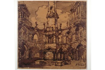 <p>Noi Abramowitsch Trotzki: Architekturfantasie. Halbrunder Platz mit einem Obelisken und einer zweistöckigen Arkade, 1910er–1920er Jahre. Tusche, Pinsel, braunes Papier, 494 × 494 mm</p>