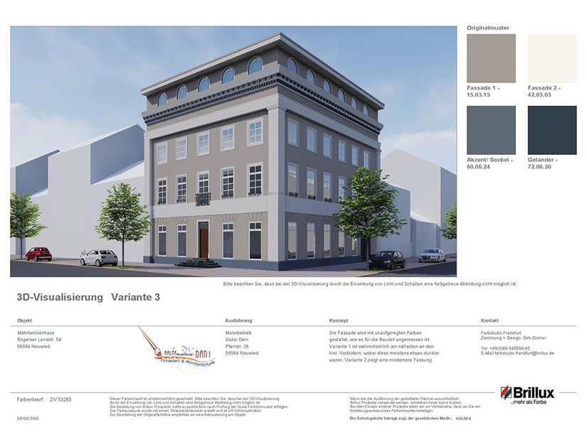 Ein Fassadenkonzept, das seinen historischen Vorbildern folgt: Für die Entscheidungsfindung hinsichtlich der farblichen und strukturellen Gestaltung erstellte das Brillux Farbstudio in Frankfurt diese Visualisierung. Zuvor hatte Sezai Dani sich intensiv mit der Gestaltung in der Entstehungszeit des heute denkmalgeschützten Gebäudes auseinandergesetzt.