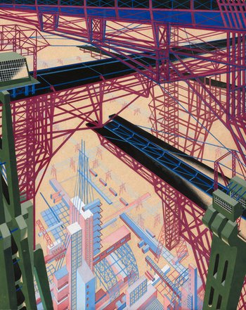 <p>Jakow Georgiewitsch Tschernichow: Architekturfantasie. Ansicht eines Industriegebiets, von einer Brücke aus gesehen, 1929–1933. Gouache, Vorzeichnung in Bleistift, gelbes Papier, 294 × 235 mm</p>