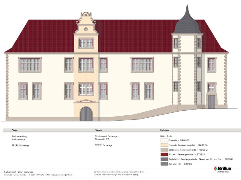 <p>Für die Fassade wurde ein sehr heller, leicht beigefarbener Farbton gewählt (09.06.03), der einer späteren Bauepoche zugeordnete Renaissanceturm setzt sich durch einen etwas cremigeren Beigeton dezent von der Fassade ab (09.09.06).</p>