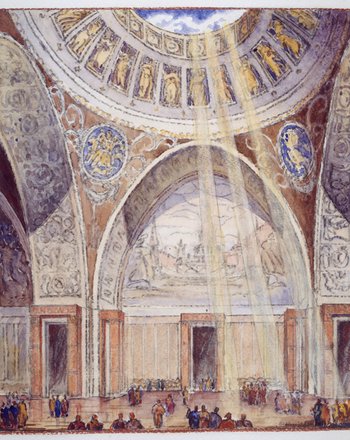 <p>Boris Michailowitsch Iofan: Palast der Sowjets in Moskau, Foyer. Perspektivische Ansicht, 1944. Pastell, Aquarell, Kohle, Bleistift, Papier, 550 × 413 mm</p>