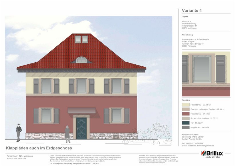 Gestaltungskonzept im Anklang an die alte Farbgebung: Wo früher eine rote Ziegelfassade den Gebäudecharakter bestimmte, findet sich heute ein prägnanter Kratzputz in einem vergleichbaren Rotton wieder. Das Brillux Farbstudio kam bei der Planung den individuellen Wünschen des Eigentümers nach.