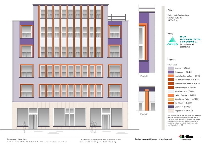 Farbentwurf aus dem Brillux Farbstudio in Münster. Die Fassade des Gebäudes sollte Ausdruck sein für Eleganz, Individualität, Ideenreichtum, Modernität, aber auch im übertragenen Sinne eine Anknüpfung an die Bauhaustradition – ganz sicher in moderner Interpretation.