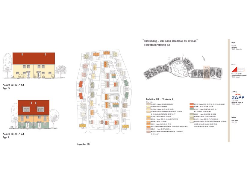 Die typischen Farbigkeiten von Hamburg, Berlin und München inspirierten die Farbgestaltung für New Town Netzaberg. Im Aufsichtplan gut zu sehen: die farbige Betonung der Häuser an den Zufahrtstraßen, die einem Tor gleich die Zugänge optisch markiert. Farbentwurf aus dem Brillux Farbstudio in München.