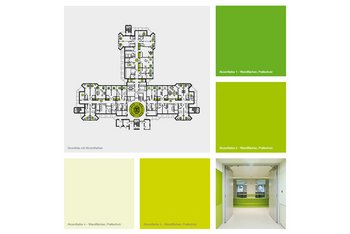 <p><i>Bodenintarsien mit großen Punkten in der Ebenenfarbe erleichtern die Orientierung: Auf den Fluren signalisieren die Farbkreise im Bodenbelag die Lage des Aufenthaltsraums. Die Patientenzimmer sind ebenfalls mit einem farbigen Kreis markiert. Das Thema Kreis wird auch in der Leitstelle mit einer farbigen Bodenintarsie und einer runden Lichtdecke aufgenommen.</i></p>