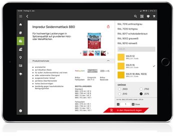 <p>Über die rote Warenkorb-Lasche unten rechts werden die verschiedenen Artikelausprägungen – sprich: die verfügbaren Größen und Farbtöne – anzeigen. Geschäftskunden können alle Produkte als Standardware oder abgetönt über das Brillux Farbsystem in den Warenkorb legen&nbsp;und&nbsp;zur Werkstatt oder direkt zur Baustelle liefern lassen.</p>