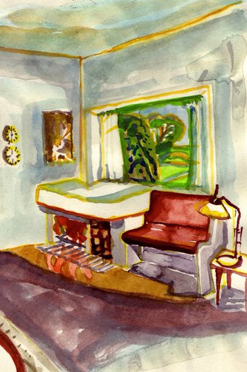<p>Aquarell von Eva Filter: Arne Jacobsens Ferienhaus – eine sehr persönliche Vorliebe des Hausherrn für die Anordnung von Fenster, Kamin und Sitzplatz. Aber skizzieren Sie mal in Gedanken diesen Grundriss!</p>