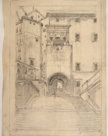 <p>Iwan Alexandrowitsch Fomin: Ansicht eines Bogens mit Treppe in der Via Cavour in Rom, 1909. Bleistift, schwarze Kreide, Papier, 600 × 417 mm</p>