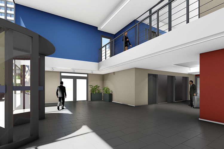 Lobby mit Drehtür, zwei Etagen und Aufzügen – visualisiert in 3D